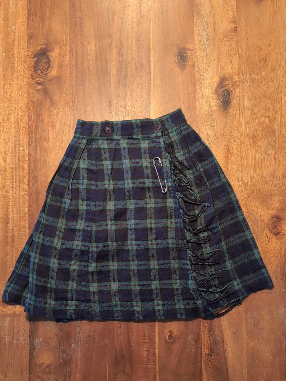 Plaid A-Line Mini Skirt with Safety Pin Accent - Green & Navy